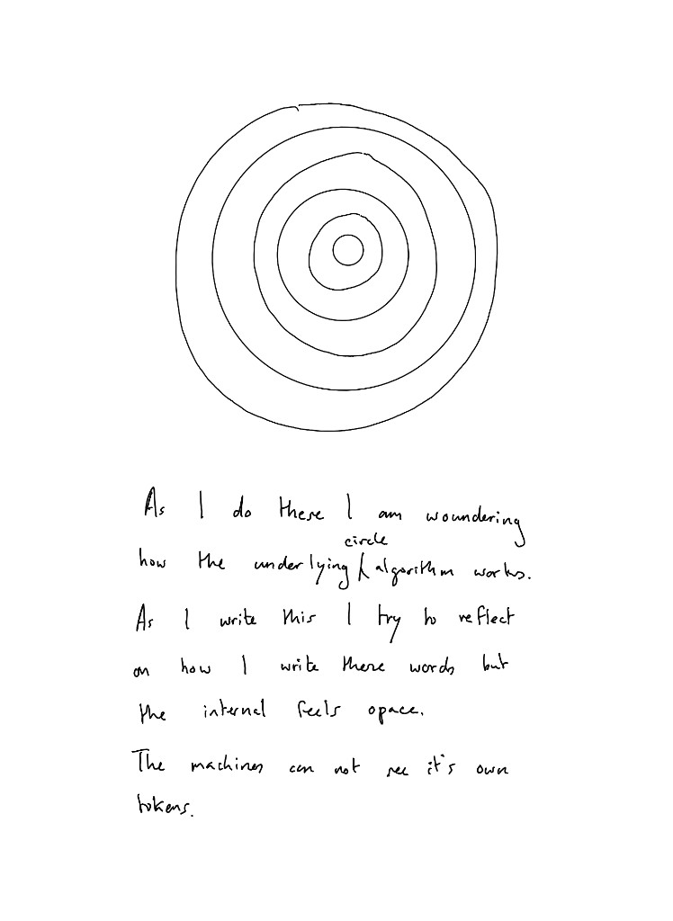 Hand-drawn concentric circles and handwritten lines about circle algorithms, opaque internals, and tokens.